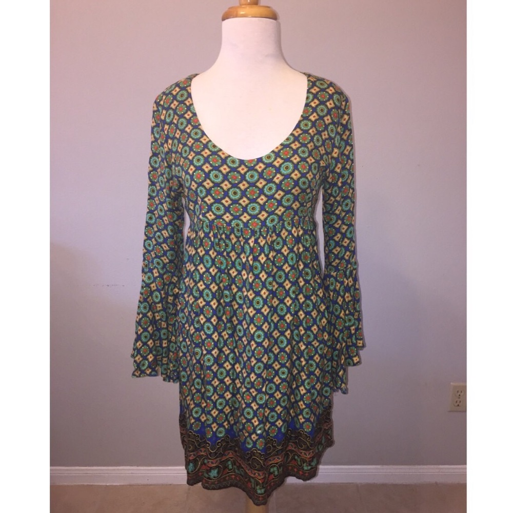 vintage print mini dress with bell sleeves